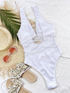 Ribbed Lace Up One-Piece Swimsuit white front view styled