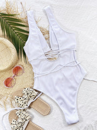 Ribbed Lace Up One-Piece Swimsuit white front view styled
