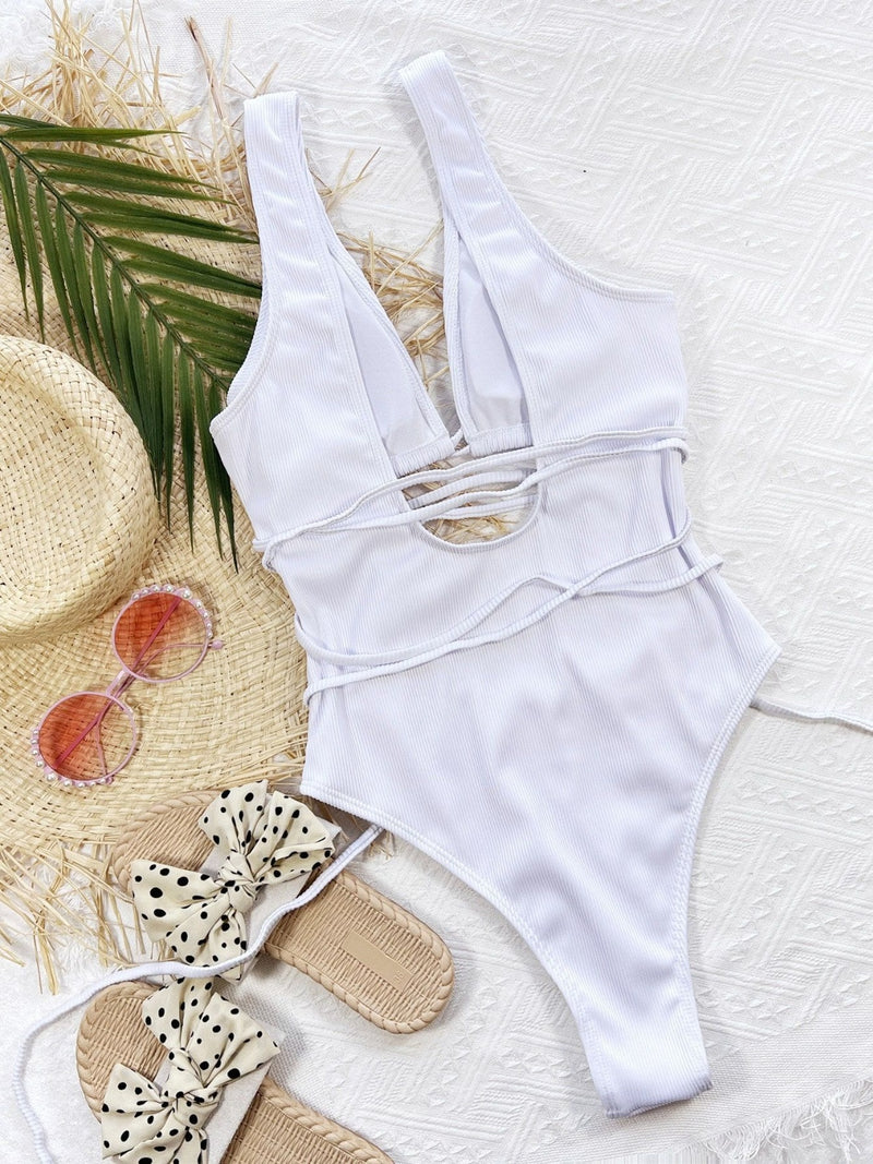 Ribbed Lace Up One-Piece Swimsuit white front view styled