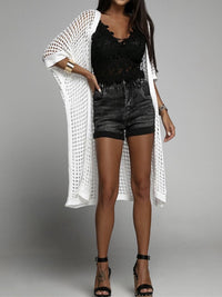 Waffle Kint Open Front Three-Quarter Sleeve Cover Up white front view styled