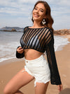 Openwork Boat Neck Long Sleeve Cover-Up black front styled