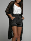 Waffle Kint Open Front Three-Quarter Sleeve Cover Up black front view styled