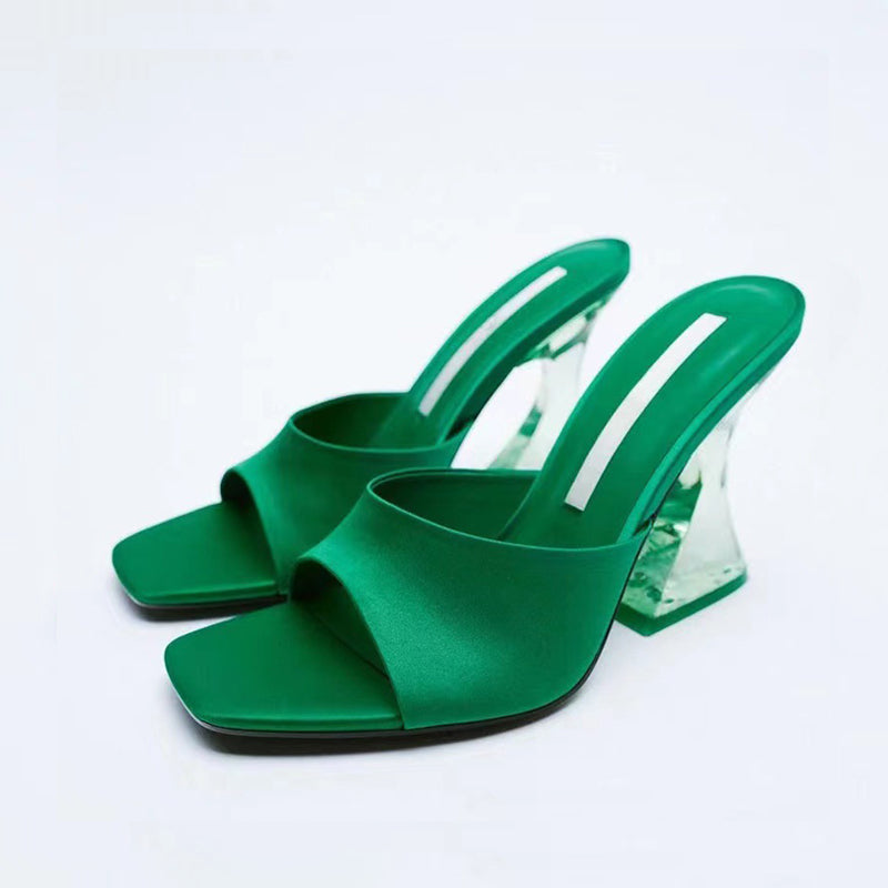 Open Toe Mule High Heel Sandals green front side view