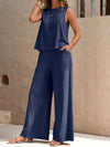 Light-weight Top and Wide Leg Pants Set blue front view pocket