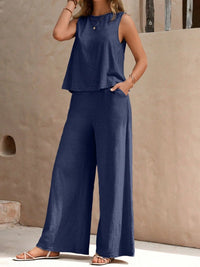 Light-weight Top and Wide Leg Pants Set blue front view pocket