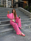 pink Hooded Jacket and Pants Lounge Set front view pants detail