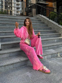 pink Hooded Jacket and Pants Lounge Set front view pants detail