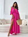 Tied Shoulder Slit Maxi Dress pink front view styled