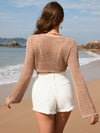 Openwork Long Sleeve Cover-Up tan back view