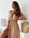 Tied Shoulder Slit Maxi Dress tan front view up close 