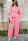 Long Sleeve Top and Drawstring Pants Lounge Set pink front view