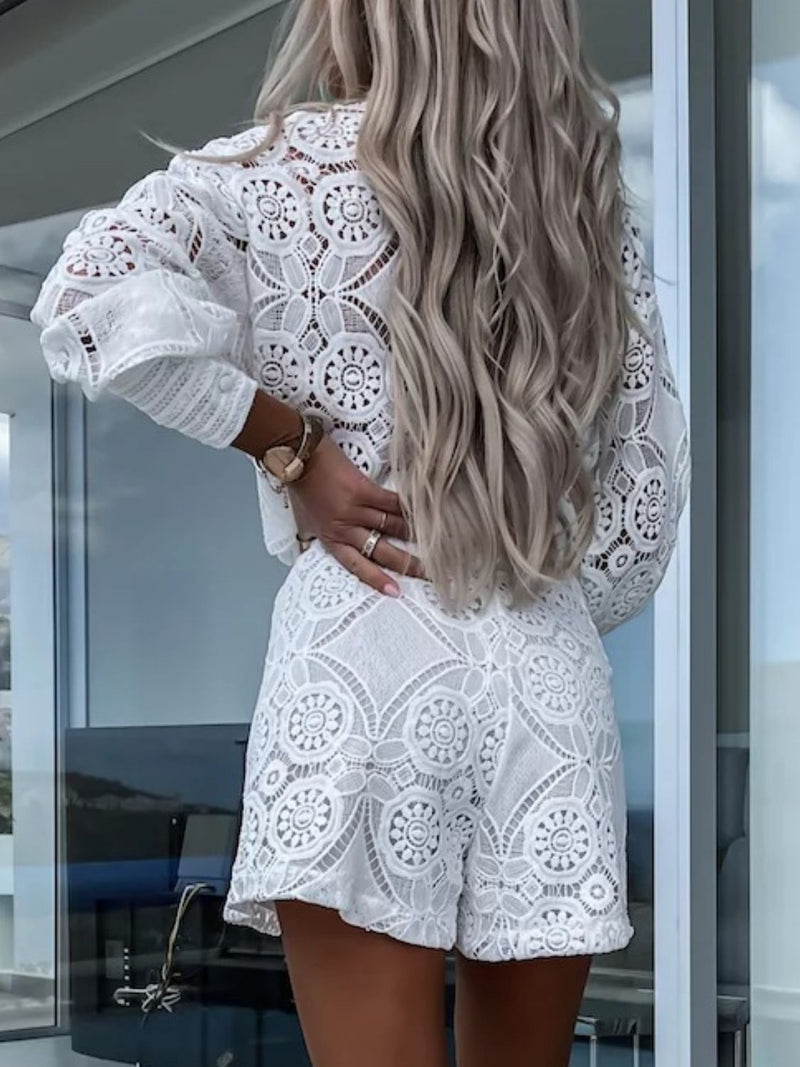 Lace Button Detail Long Sleeve Top and Shorts Set back view styled