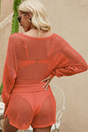 Openwork Knit Top and Shorts Swim Coverup orange back view