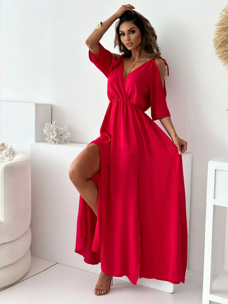 Tied Shoulder Slit Maxi Dress red front view up close 