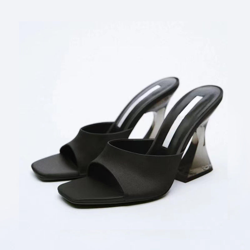 Open Toe Mule High Heel Sandals black front side view