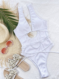Ribbed Lace Up One-Piece Swimsuit white front view full flat