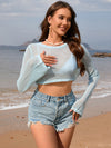 Openwork Long Sleeve Cover-Up blue front view styled