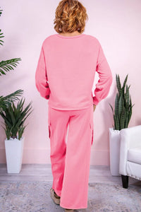 Long Sleeve Top and Drawstring Pants Lounge Set pink back view