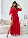Tied Shoulder Slit Maxi Dress red front view up 