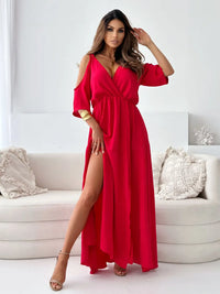 Tied Shoulder Slit Maxi Dress red front view up 