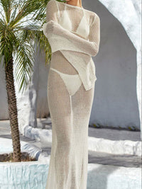 Openwork Backless Flare Sleeve Cover-Up Dress white