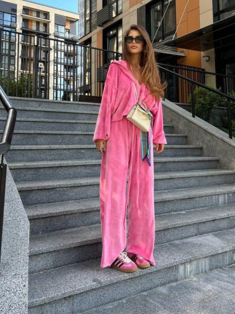 pink Hooded Jacket and Pants Lounge Set front view