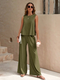 Light-weight Top and Wide Leg Pants Set green front view styled detailed
