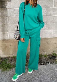 Long Sleeve Top and Drawstring Pants Lounge Set teal front view style