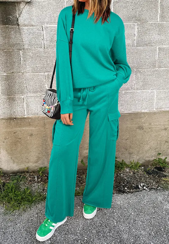 Long Sleeve Top and Drawstring Pants Lounge Set teal front view style