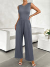 Ribbed Sleeveless Wide Leg Jumpsuit grey front view model