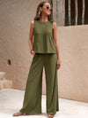 Light-weight Top and Wide Leg Pants Set green front view styled