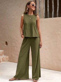 Light-weight Top and Wide Leg Pants Set green front view styled