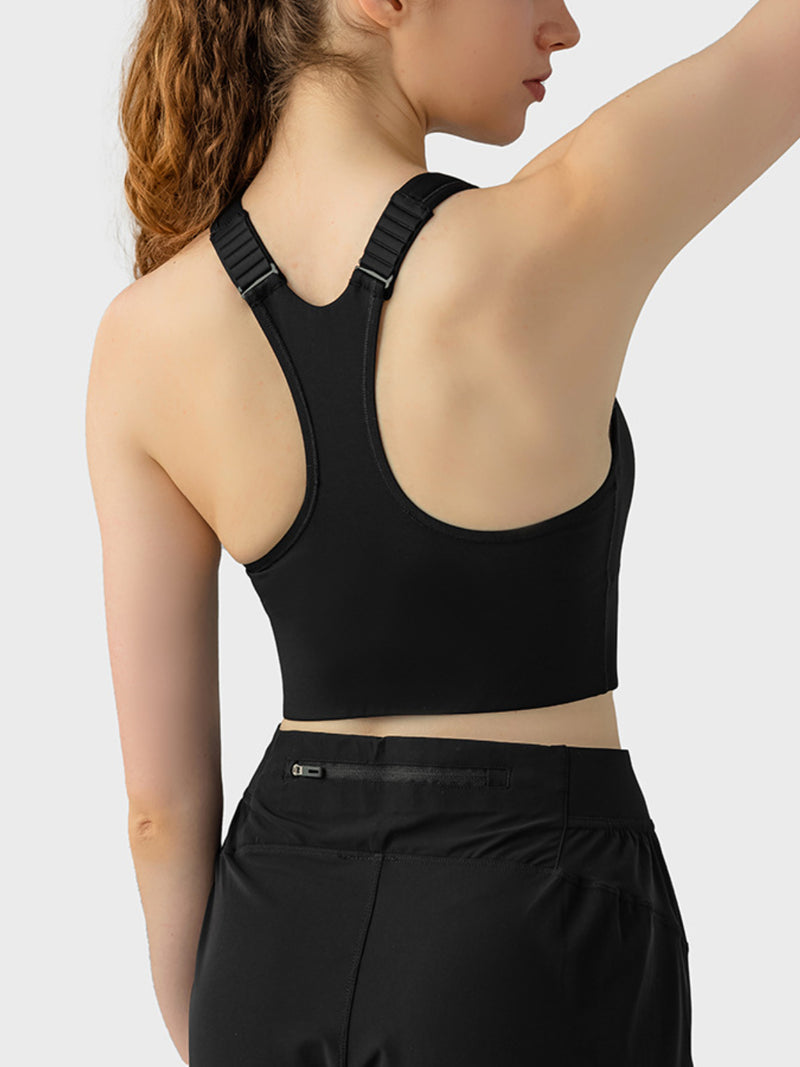 Front Zip Wide Strap Sport Bra black back view 