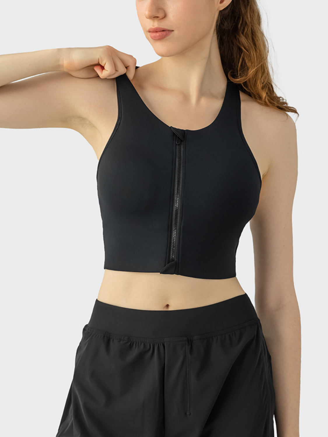 Front Zip Wide Strap Sport Bra black front view 