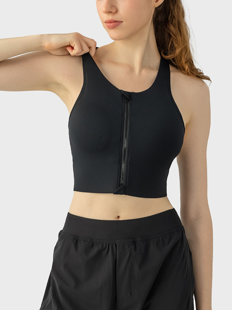 Front Zip Wide Strap Sport Bra black front view 