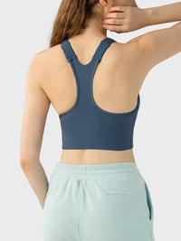 Front Zip Wide Strap Sport Bra blue back view 