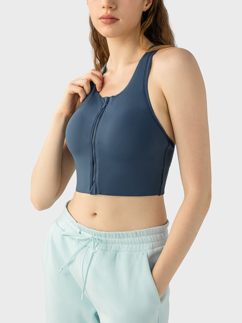 Front Zip Wide Strap Sport Bra blue front view side