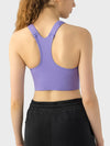 Front Zip Wide Strap Sport Bra purple back view 