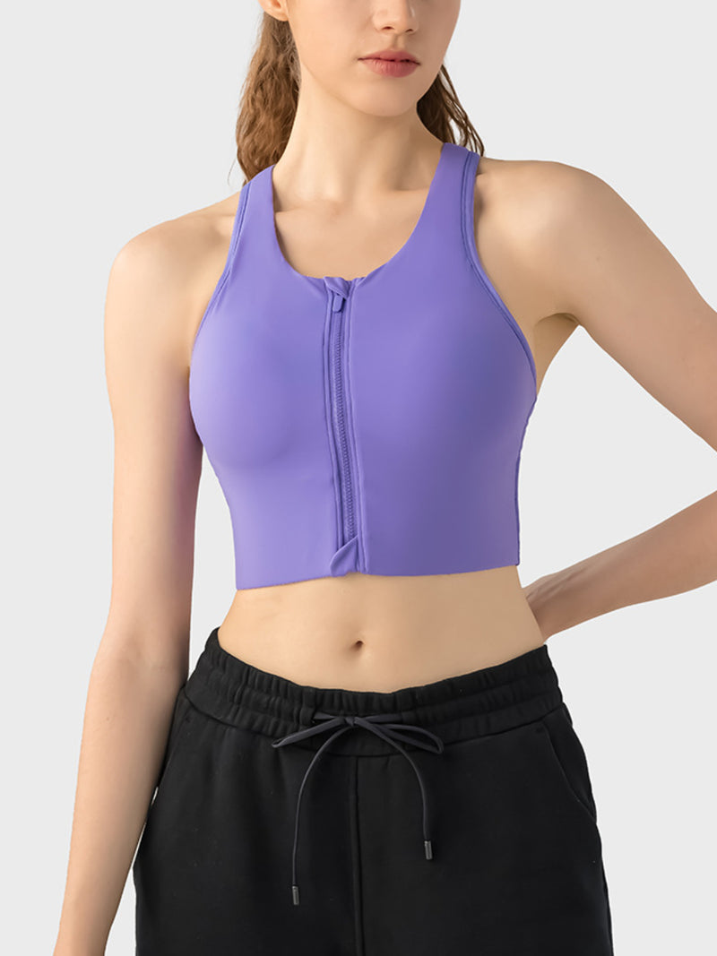 Front Zip Wide Strap Sport Bra purple front view