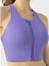 Front Zip Wide Strap Sport Bra purple front view zipper