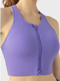 Front Zip Wide Strap Sport Bra purple front view zipper