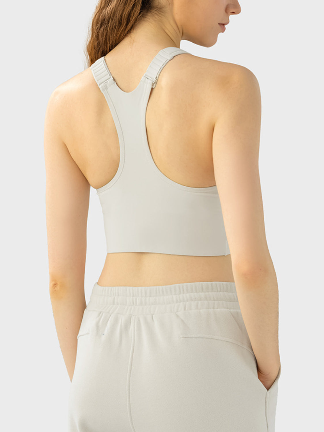 Front Zip Wide Strap Sport Bra white back view