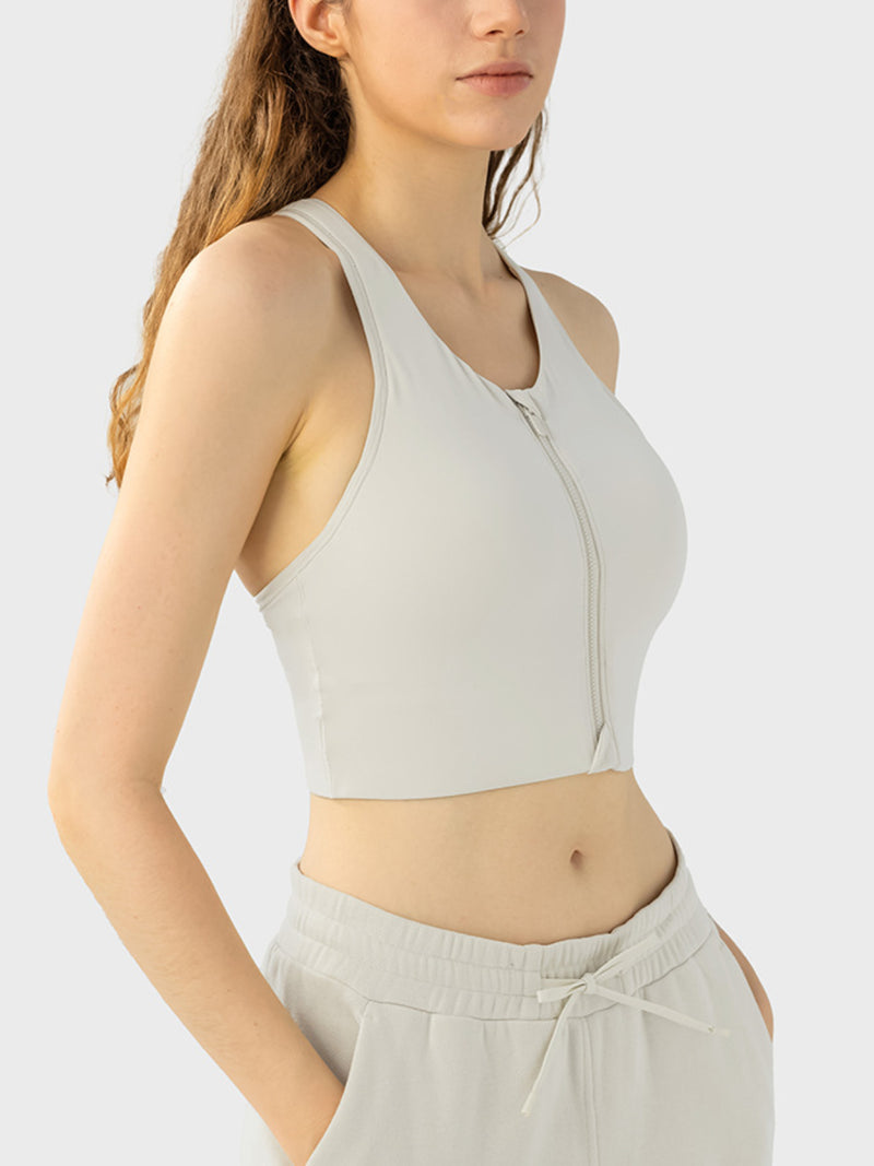 Front Zip Wide Strap Sport Bra white front side view
