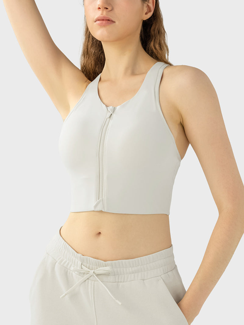 Front Zip Wide Strap Sport Bra white front view