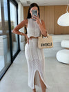 Knit Top and Slit Skirt Sweater Set beige styled 