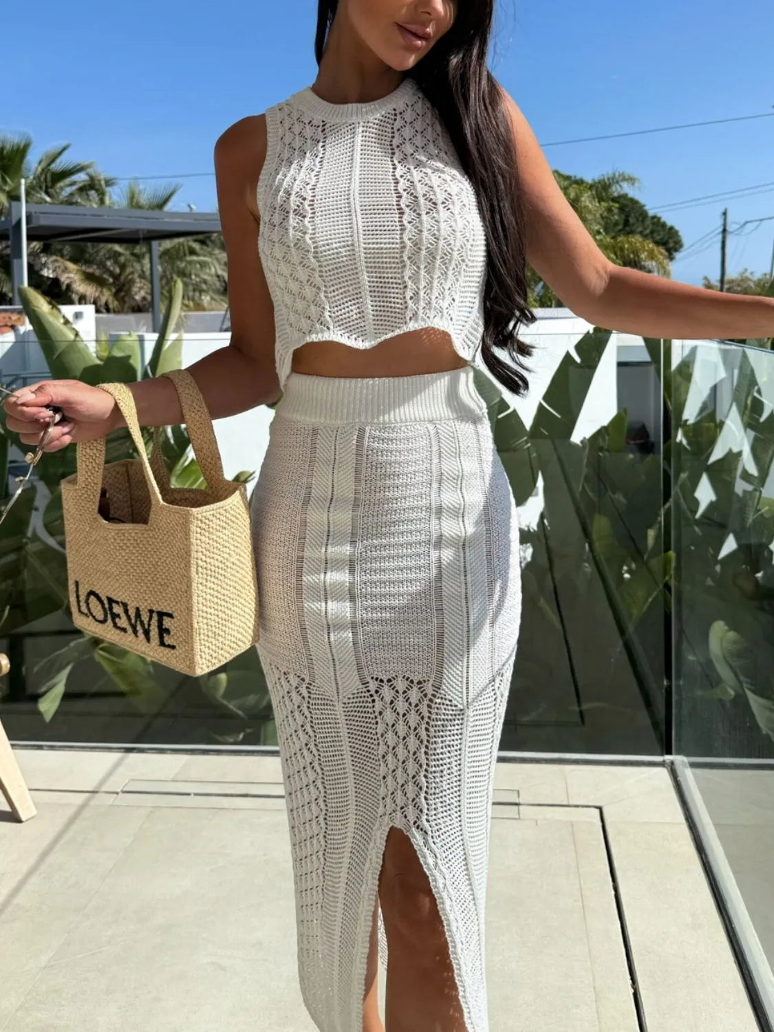 Knit Top and Slit Skirt Sweater Set white skirt view