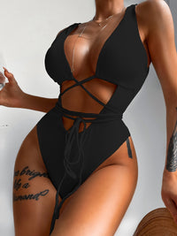 Ribbed Lace Up One-Piece Swimsuit black front view