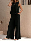 Light-weight Top and Wide Leg Pants Set black front view pocket