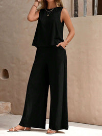 Light-weight Top and Wide Leg Pants Set black front view pocket