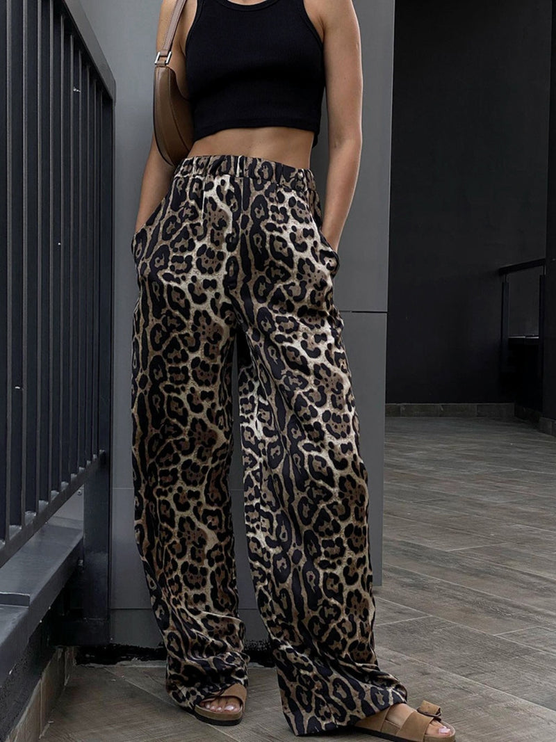 Leopard High Waist Wide Leg Pants front view